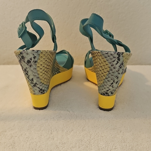 Cole Haan Nike Air Teal and Yellow  Sandals 9B Turquoise & Yellow Snake Wedge - Picture 15 of 16